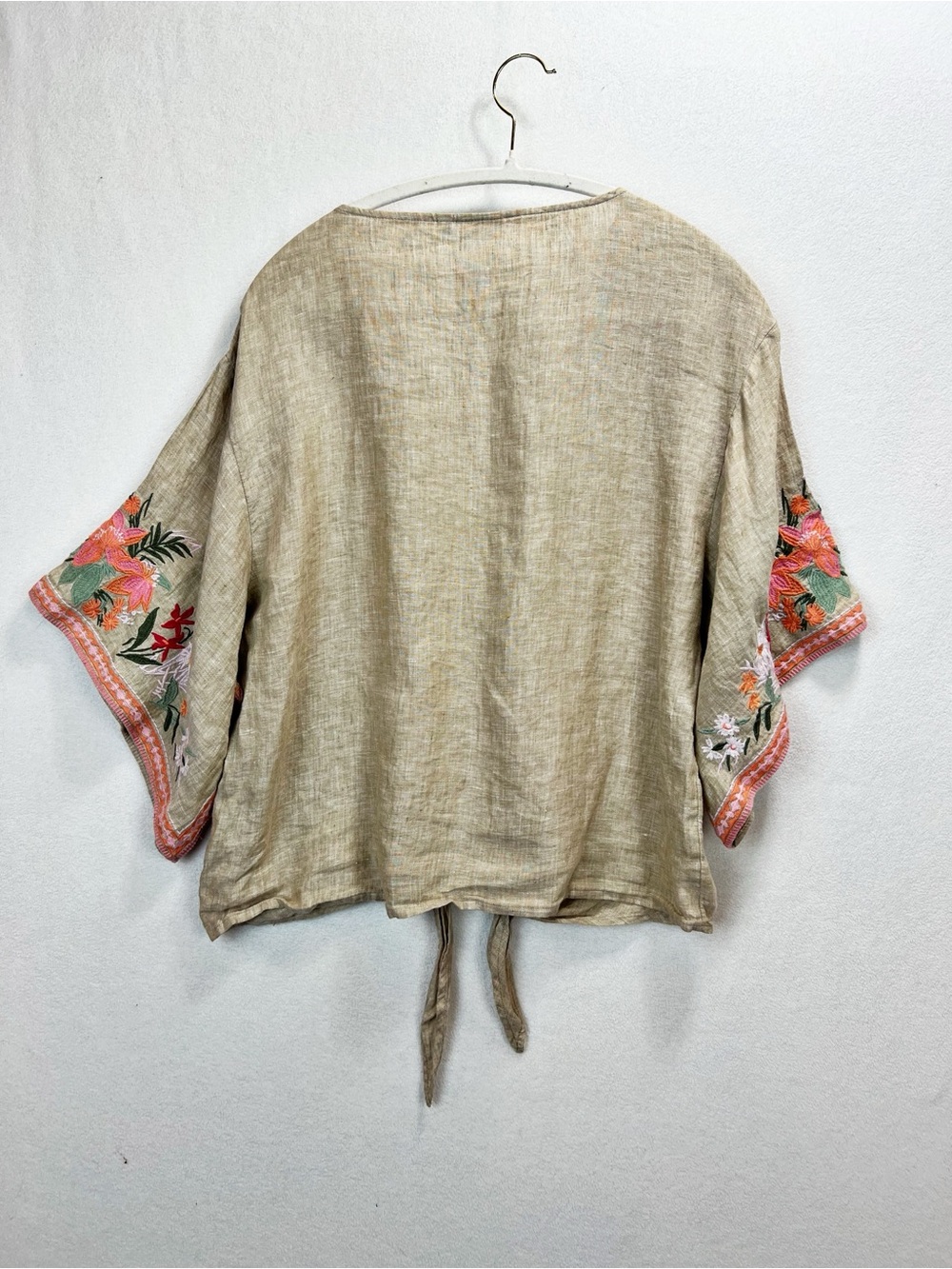 Spartina 449 Linen Blouse Kimono Embroidered Flutter Sleeve Tie Front Floral - Picture 7 of 9